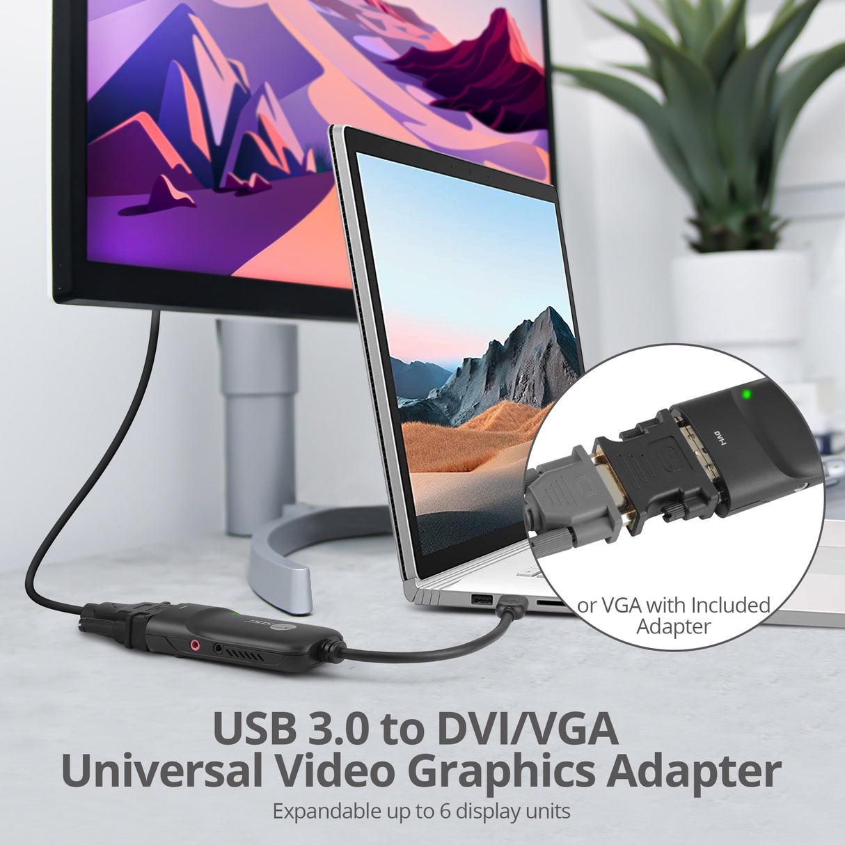 USB 3.0 to DVI/VGA Pro adapter, 1080p, USB 3.0 5 Gbps, included DVI to VGA adapter