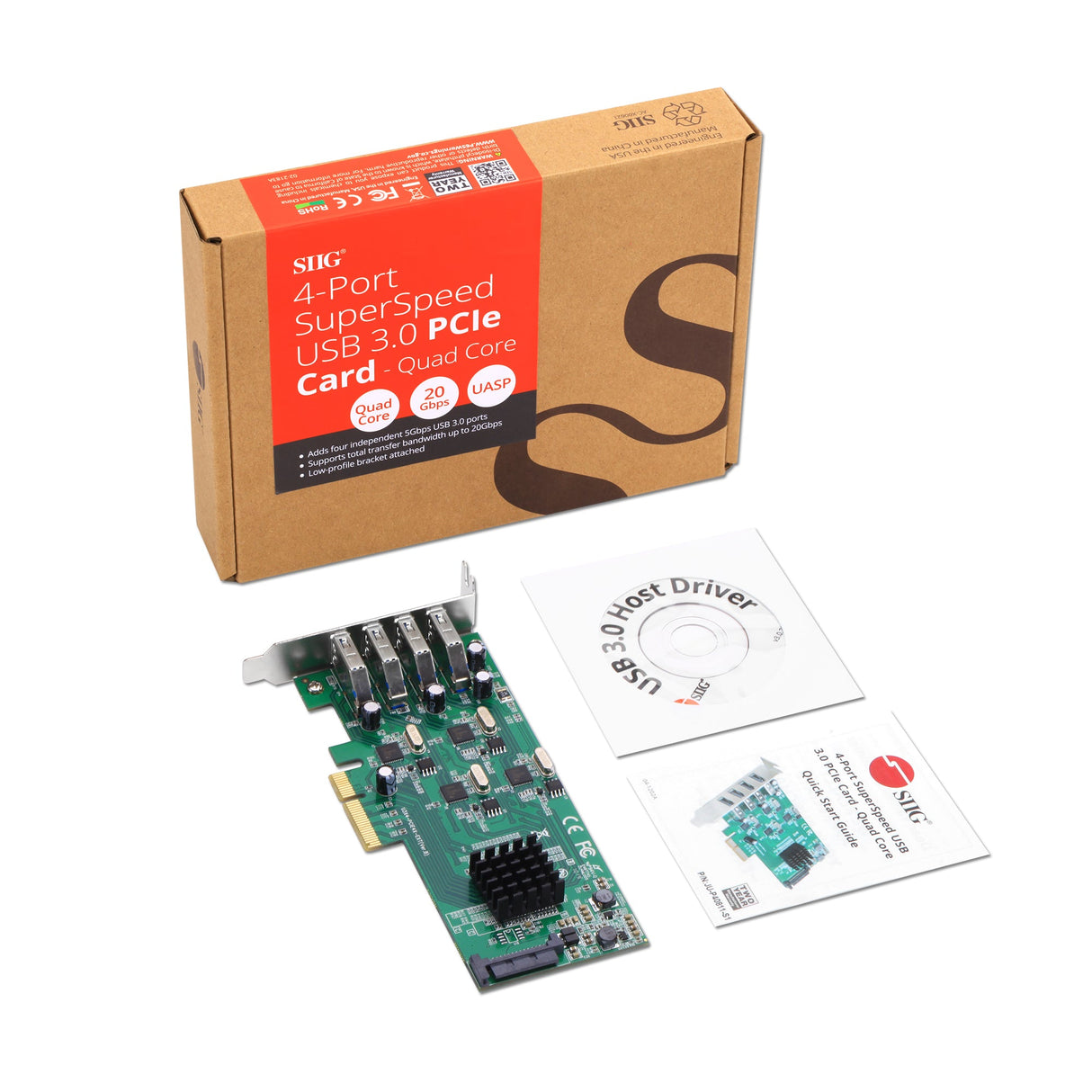SIIG 4 Port USB 3.0 (USB 3.2 Gen 1) PCIe Card with 4 Dedicated 5Gbps Channels - Quad Core 20Gbps - UASP - SATA Power - Low Profile PCIe Adapter Card