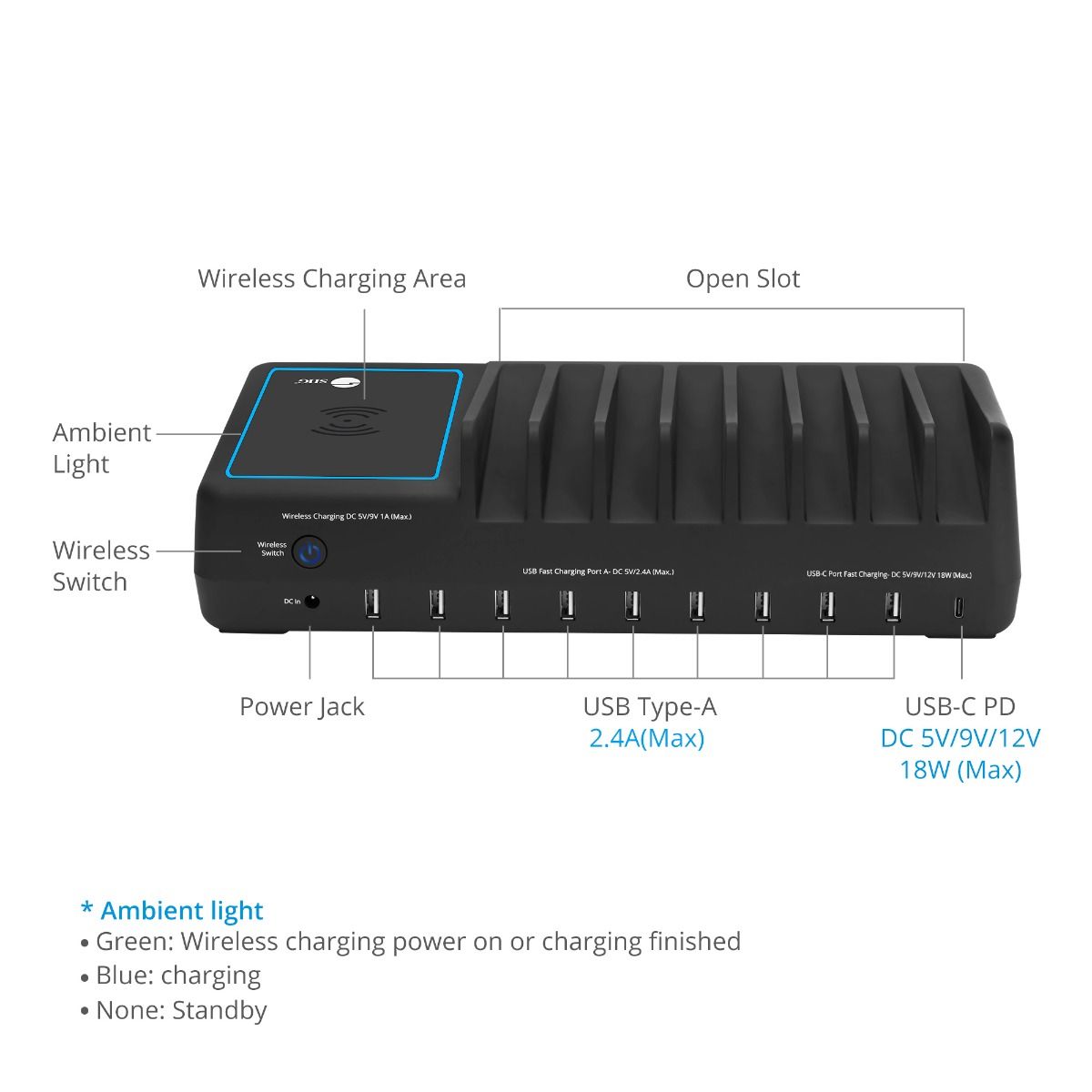 90W 10-Port USB-A/C & Wireless Charging Station with Ambient Light Deck - 9A1C