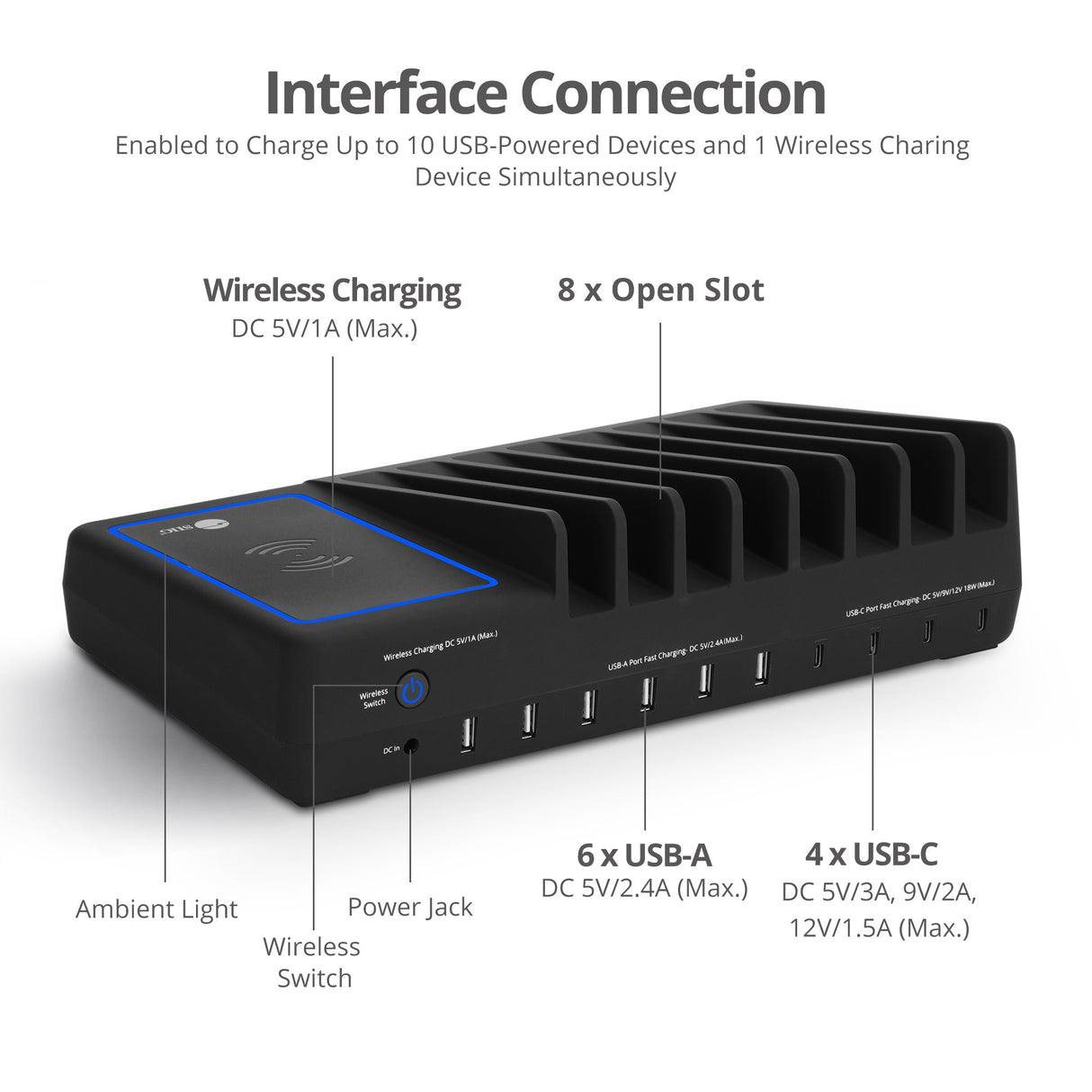 10-port USB-A/C & Wireless Charging Station with Ambient Light Deck - 150W - 6A4C