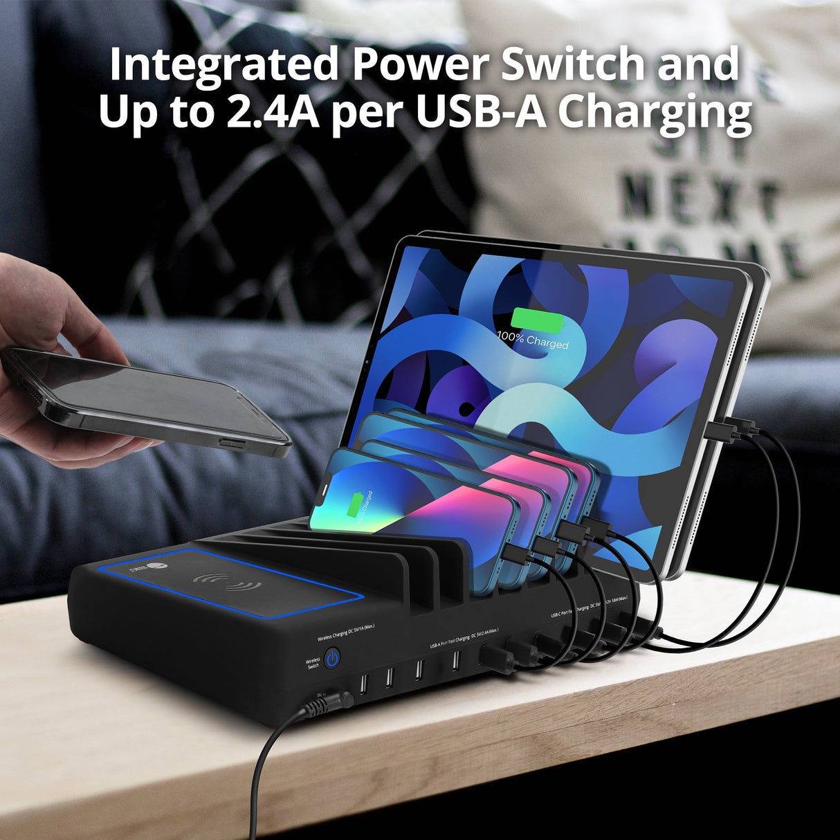 10-port USB-A/C & Wireless Charging Station with Ambient Light Deck - 150W - 6A4C