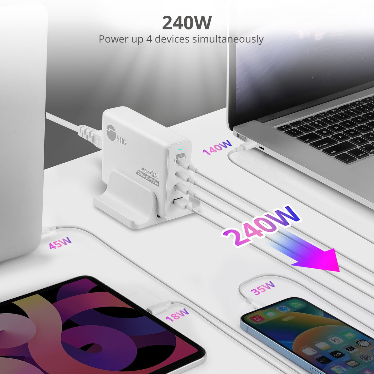 240W GaN PD 3.1 Charger - 3C1A - USB-C Power Adapter - Portable USB Type-C Charger - Maximum 240W output totally - C1 up to 140W - C2/C3 up to 100W - USB-A up to 30W