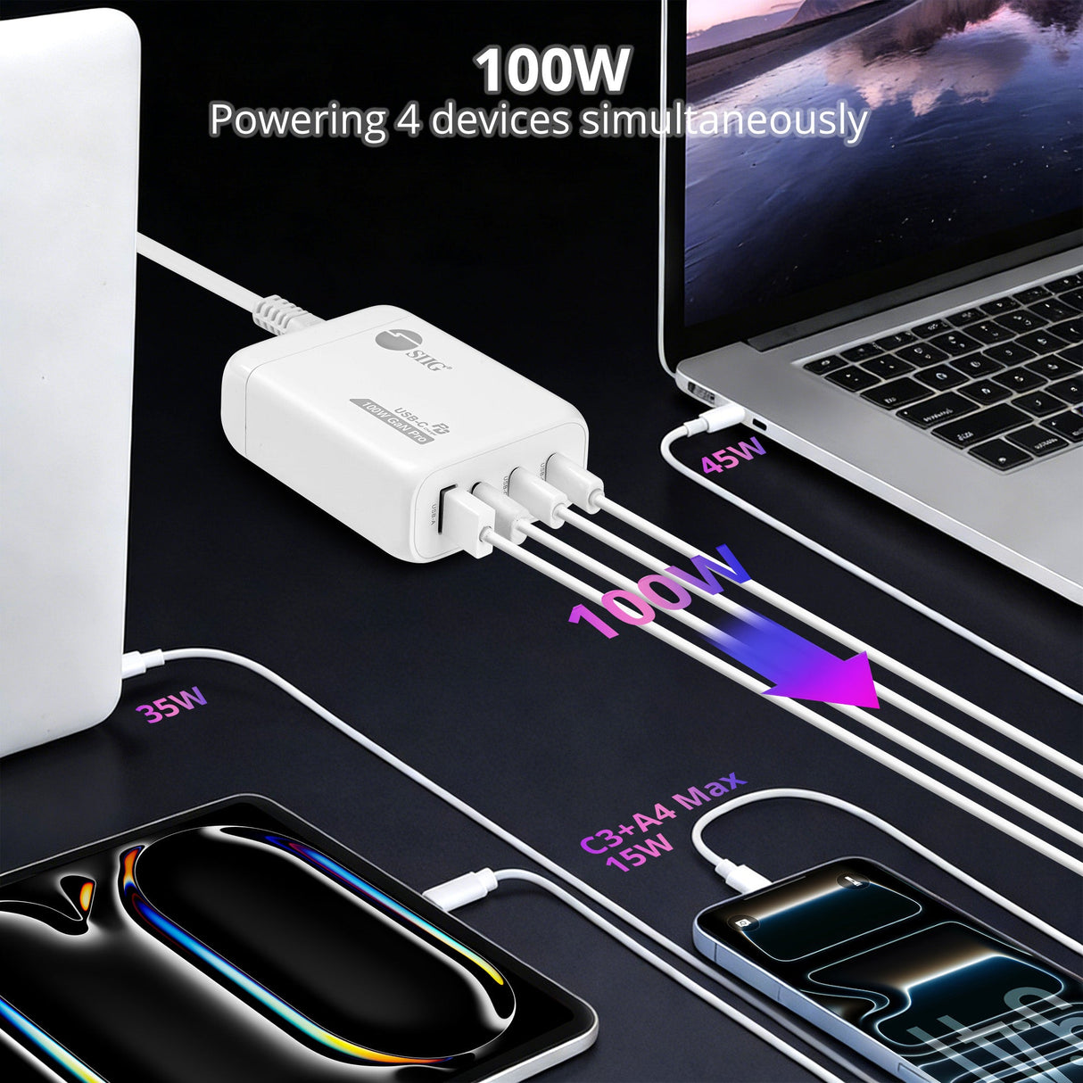 100W GaN PD Combo Power Charger - 3C1A - USB-C Charging Station - Portable USB Type-C Charger - Max 100W output totally - C1/C2 up to 100W - C3 up to 65W - USB-A up to 30W