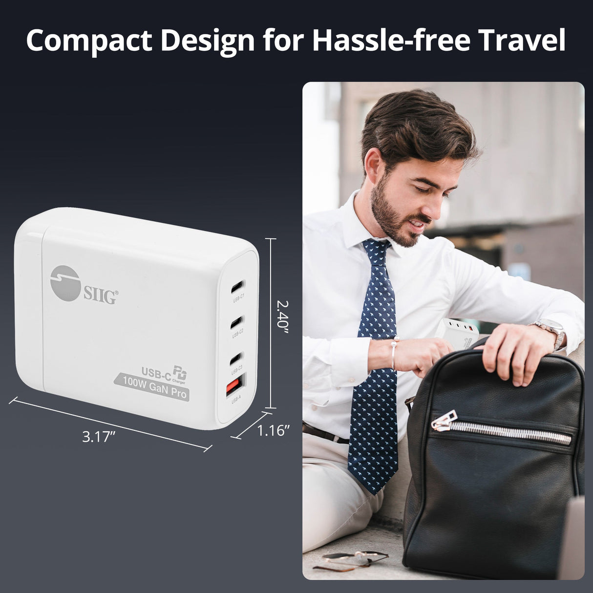 100W GaN PD Combo Power Charger - 3C1A - USB-C Charging Station - Portable USB Type-C Charger - Max 100W output totally - C1/C2 up to 100W - C3 up to 65W - USB-A up to 30W