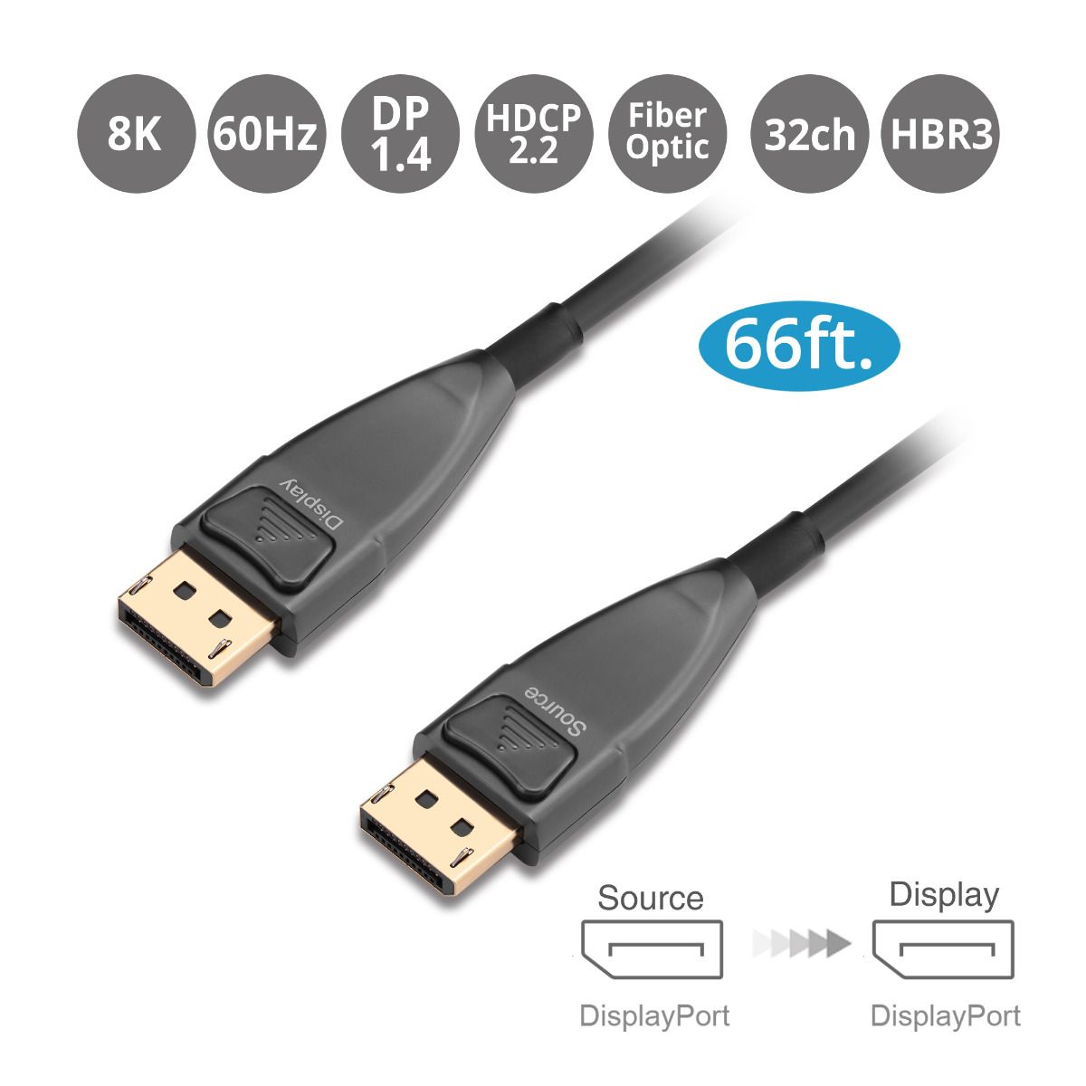 DisplayPort Cable, DP 1.4, 8K60Hz, 32.4Gbps, Active Optical Cable