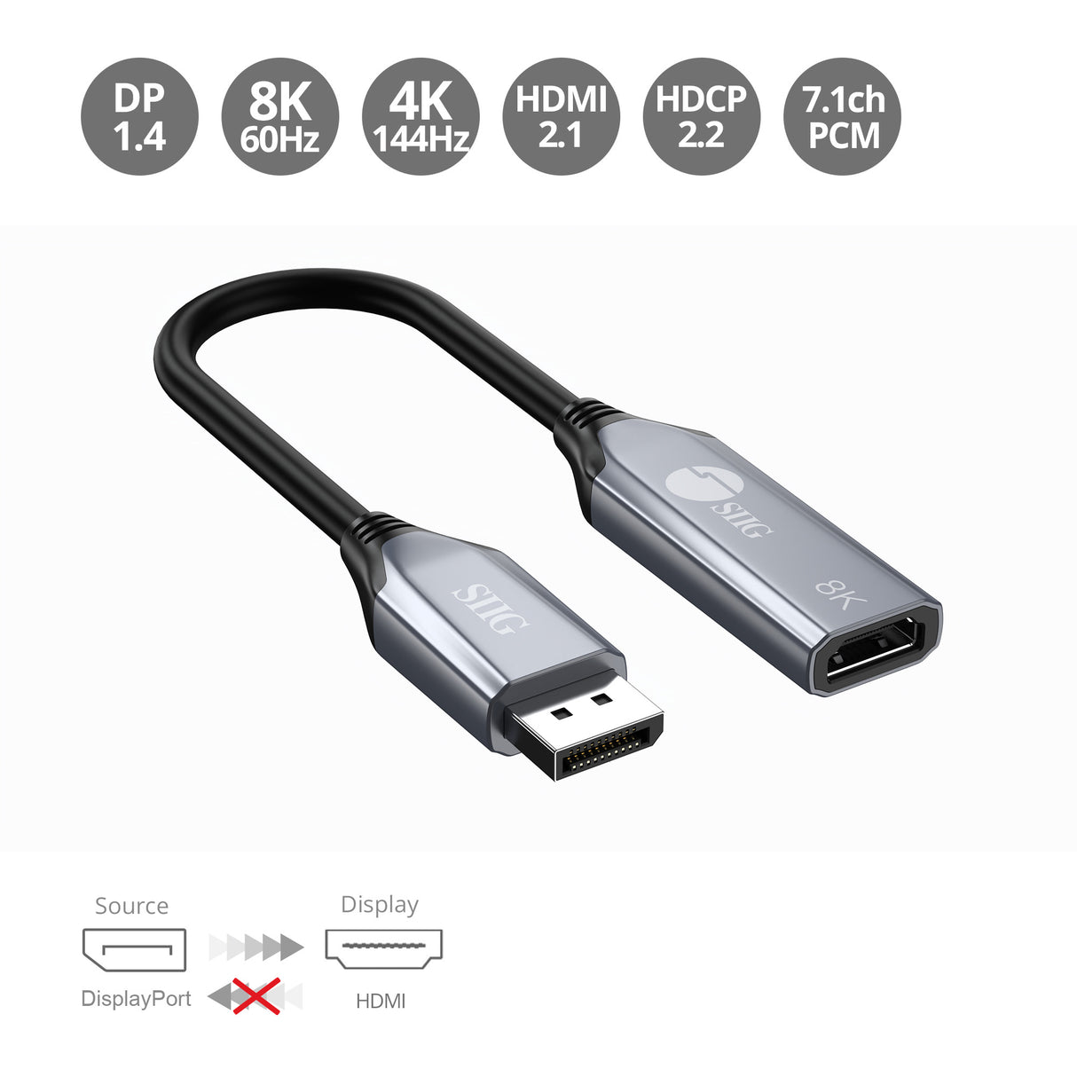 SIIG DisplayPort 1.4 to HDMI Adapter - 8K - DP to HDMI Display Converter, 4K144Hz/120Hz, 32.4Gbps, HDCP 2.2/1.4, HDR 10