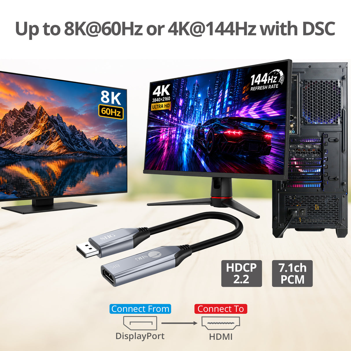 SIIG DisplayPort 1.4 to HDMI Adapter - 8K - DP to HDMI Display Converter, 4K144Hz/120Hz, 32.4Gbps, HDCP 2.2/1.4, HDR 10
