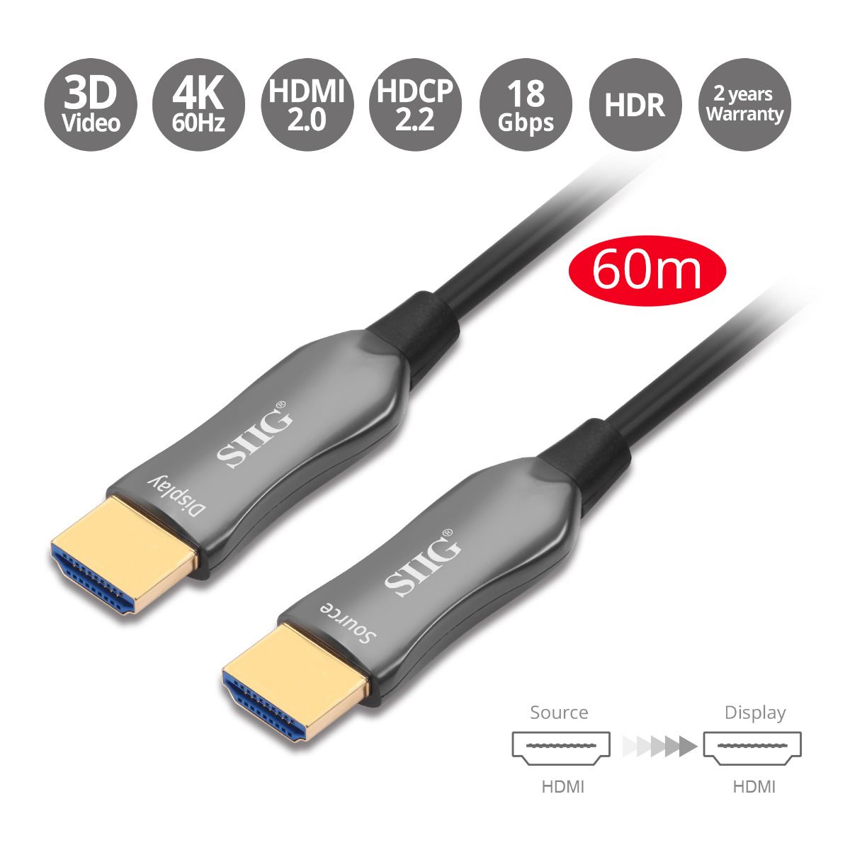 4K HDMI AOC Cable - 60m(196ft) - 4K 60Hz- 18Gbps - Active Optical Cable