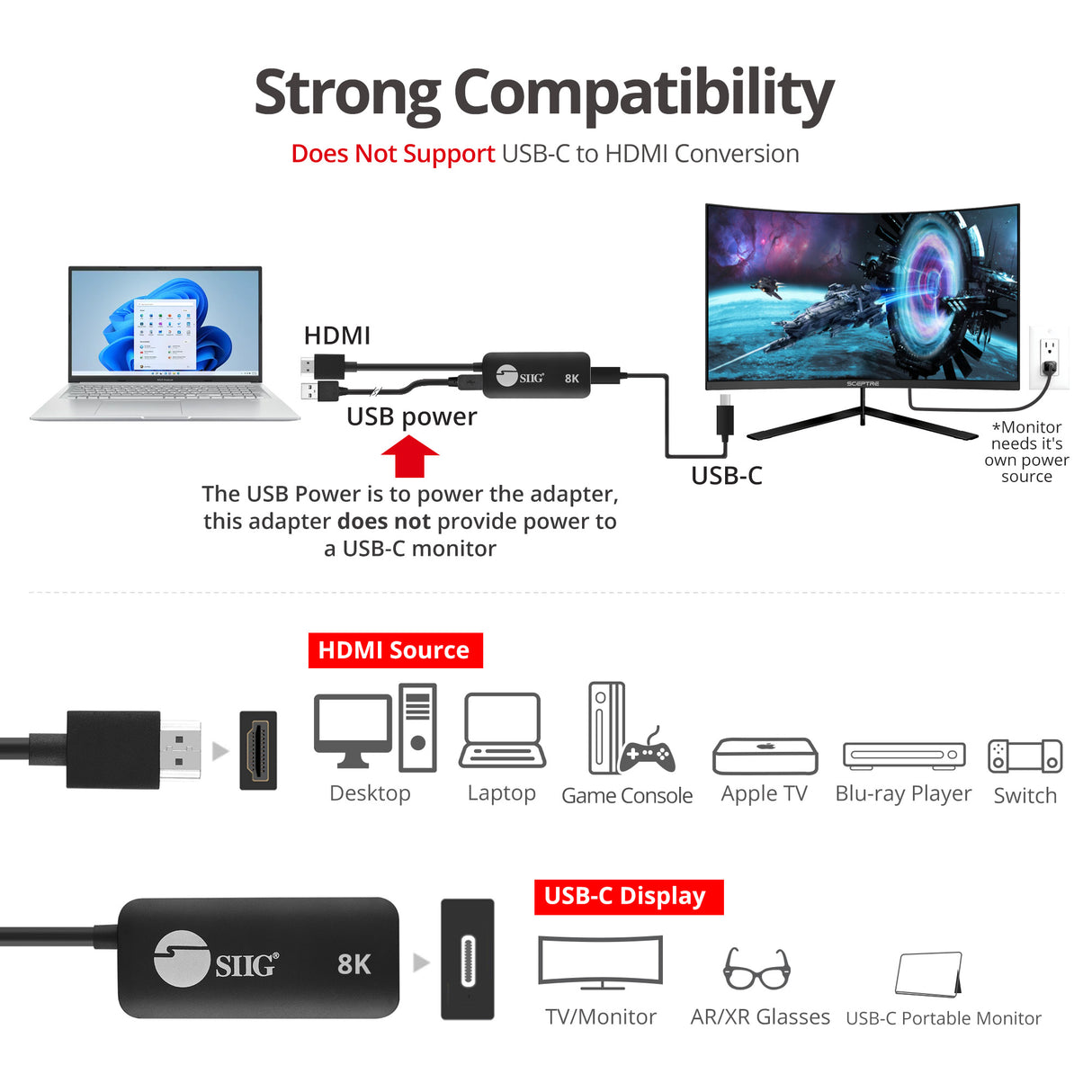 HDMI to USB-C 8K 60Hz Converter Adapter, 4K 120Hz, HDR, HDCP 2.2, Compatible with Xreal, Rokid Air/Max, RayNeo, Type-C Monitor, laptops, Switch, Steam Deck, PS4/5, Xbox, Apple TV