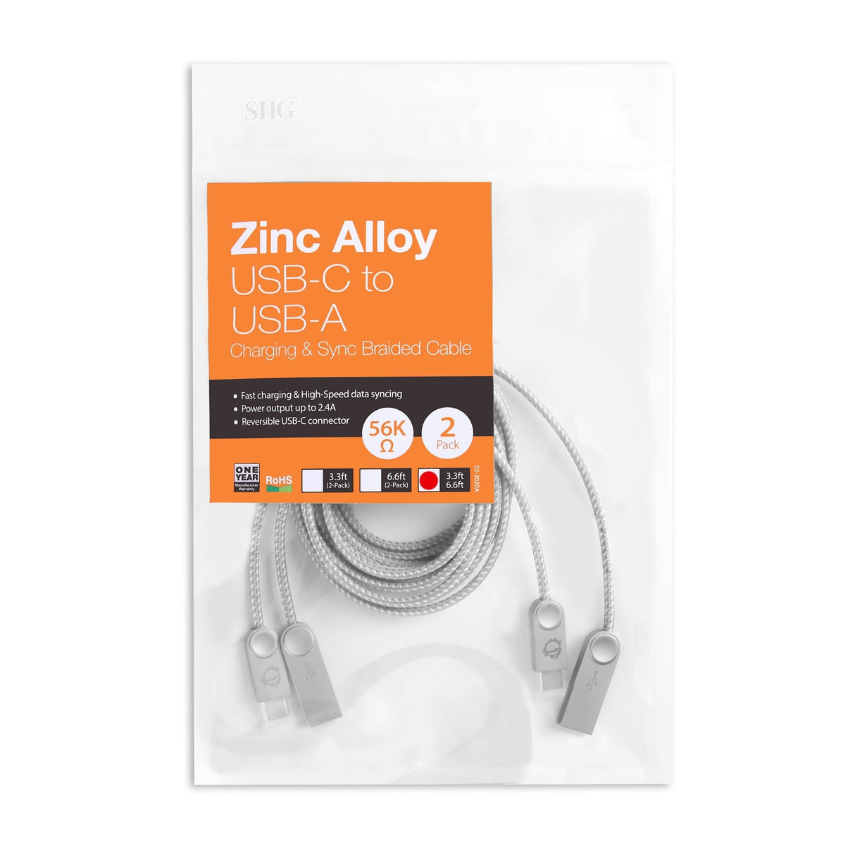 Zinc Alloy USB-C to Type-A Charging & Sync Braided Cable Bundle - 3.3ft & 6.6ft, 2-Pack