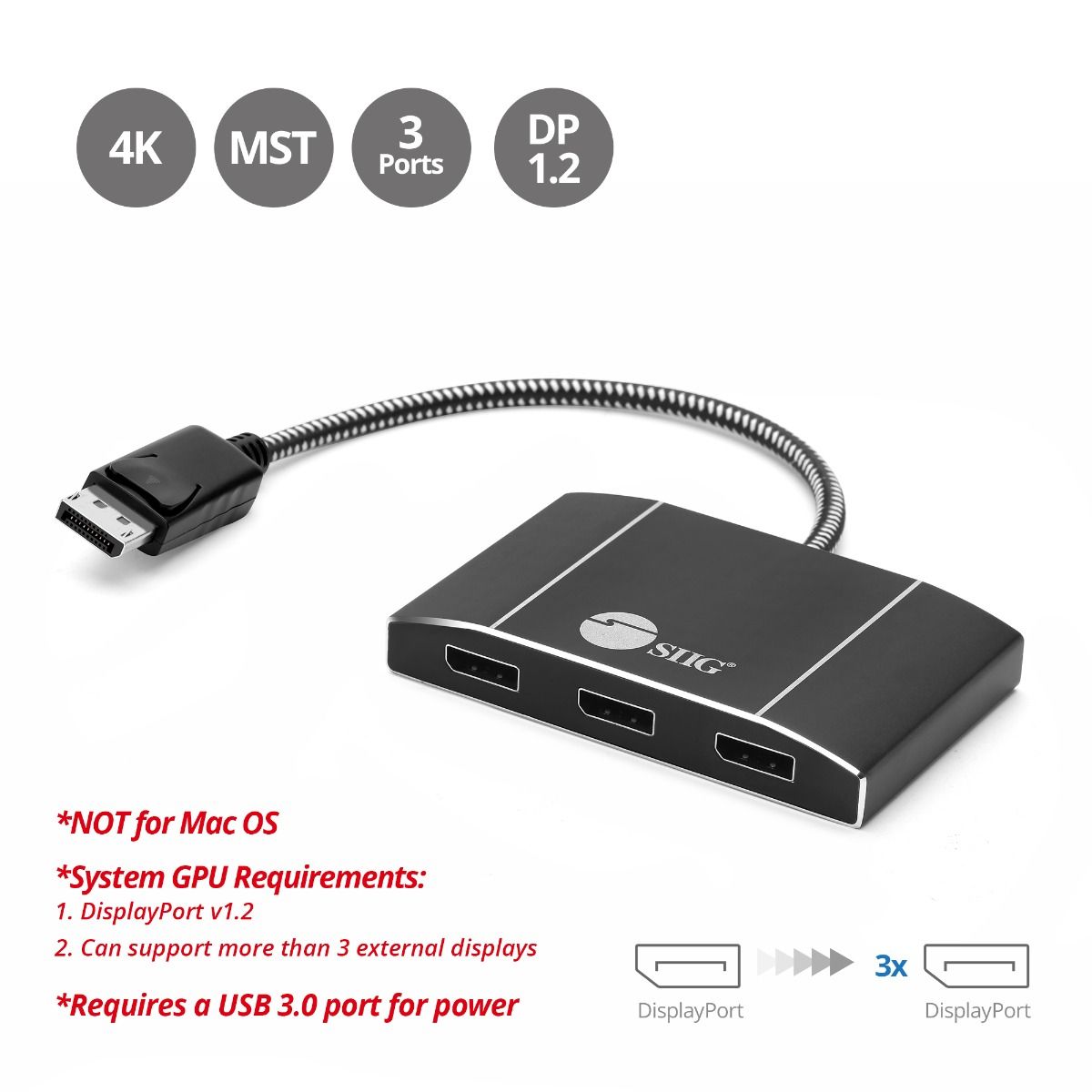 4K 1x3 DisplayPort 1.2 to DisplayPort MST Hub Splitter