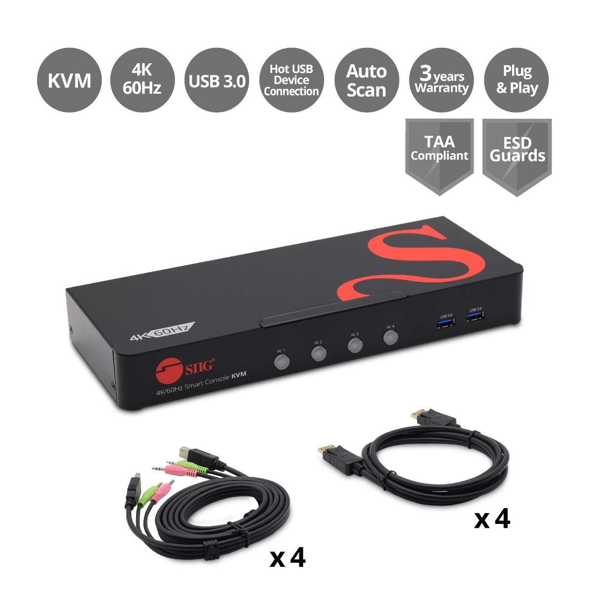 4-Port DisplayPort 1.2 Smart Console KVM Switch with USB 3.0 and Multi-Media ports - 4K60Hz