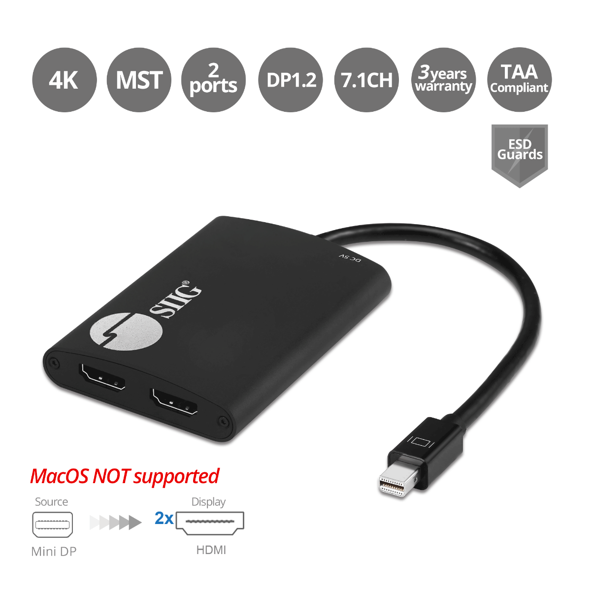 4K 1x2 Mini DisplayPort 1.2 to HDMI MST Splitter