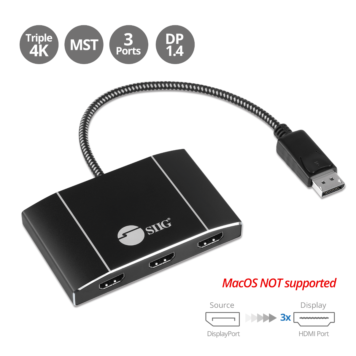 8K 1x3 DisplayPort 1.4 to HDMI MST Hub Splitter