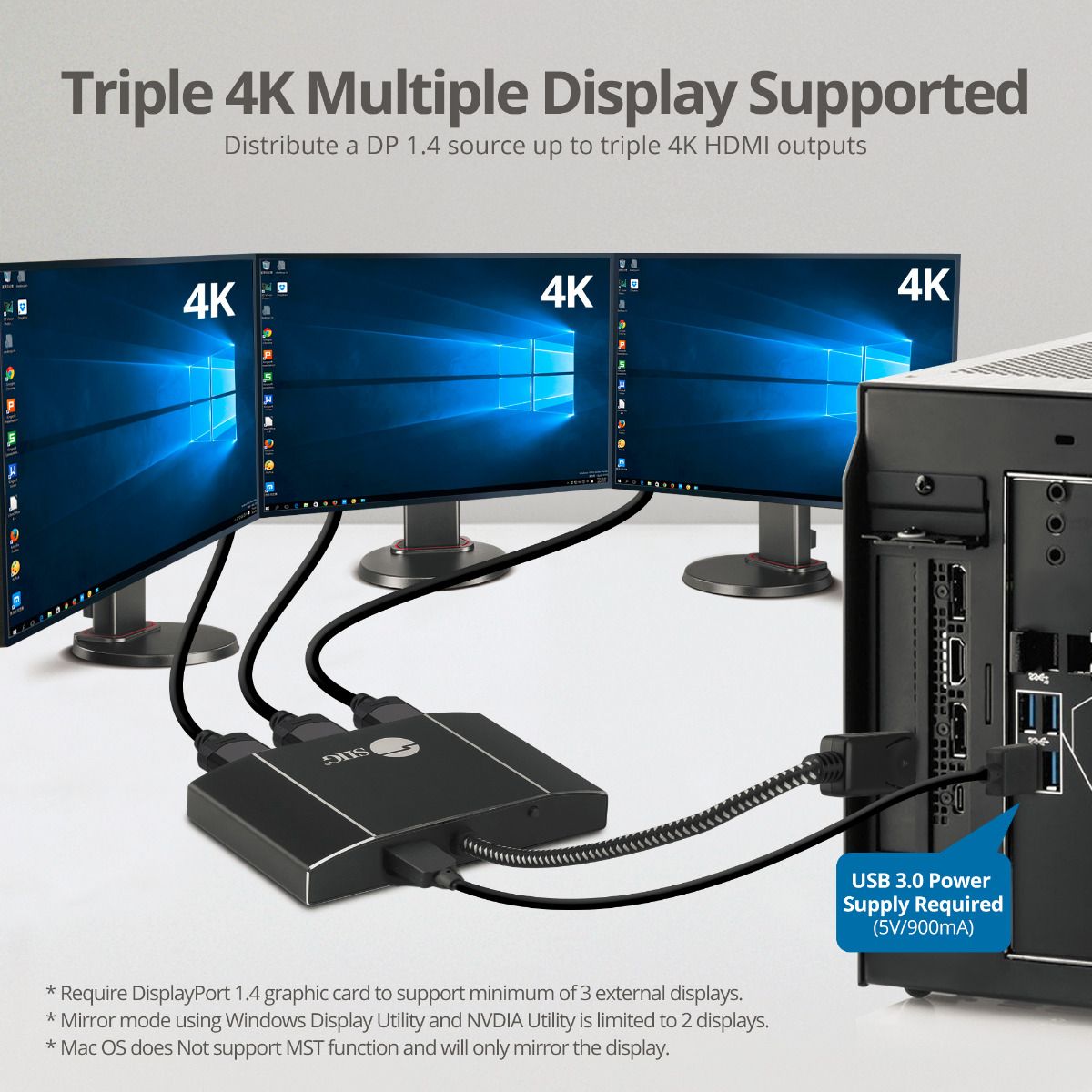 8K 1x3 DisplayPort 1.4 to HDMI MST Hub Splitter