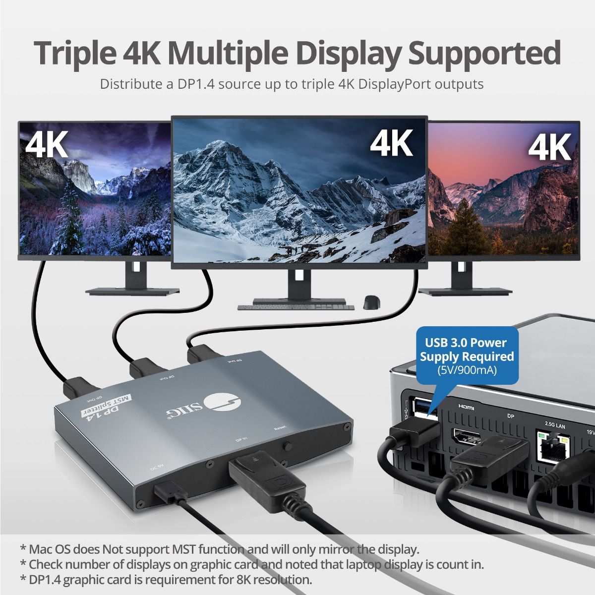 1x3 DisplayPort 1.4 to DisplayPort MST Splitter