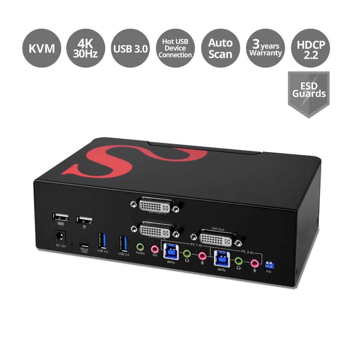 2-Port DVI Dual-Link Smart Console KVM Switch with USB 3.0 and Multimedia Ports