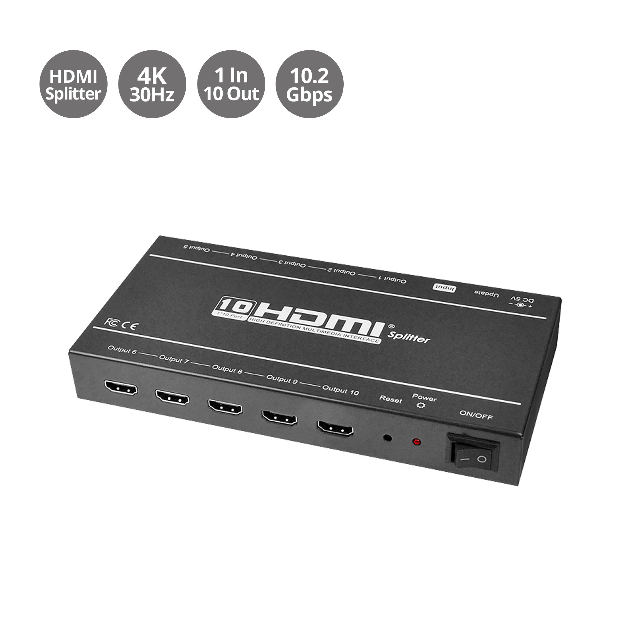 HDMI Splitter, 1x10, 4K30Hz, 10.2Gbps, 3D, Auto EDID, USB Firmware