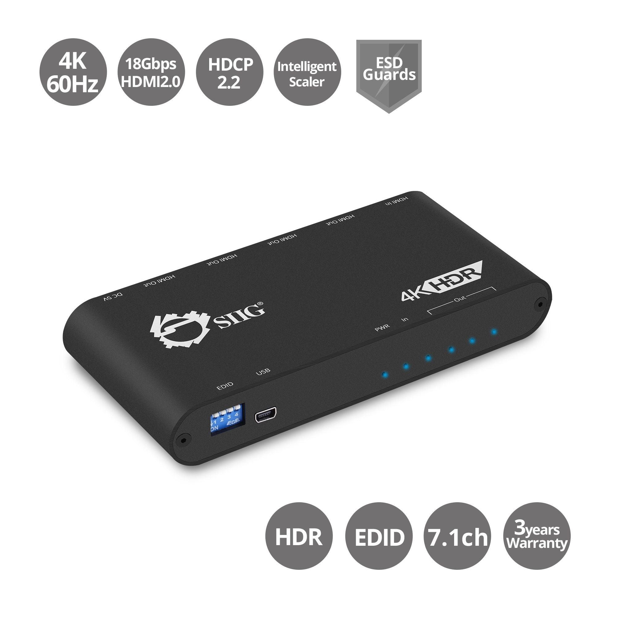 HDMI Splitter, 1x4, 4K60Hz, 18Gbps, EDID Management, Video Scaling