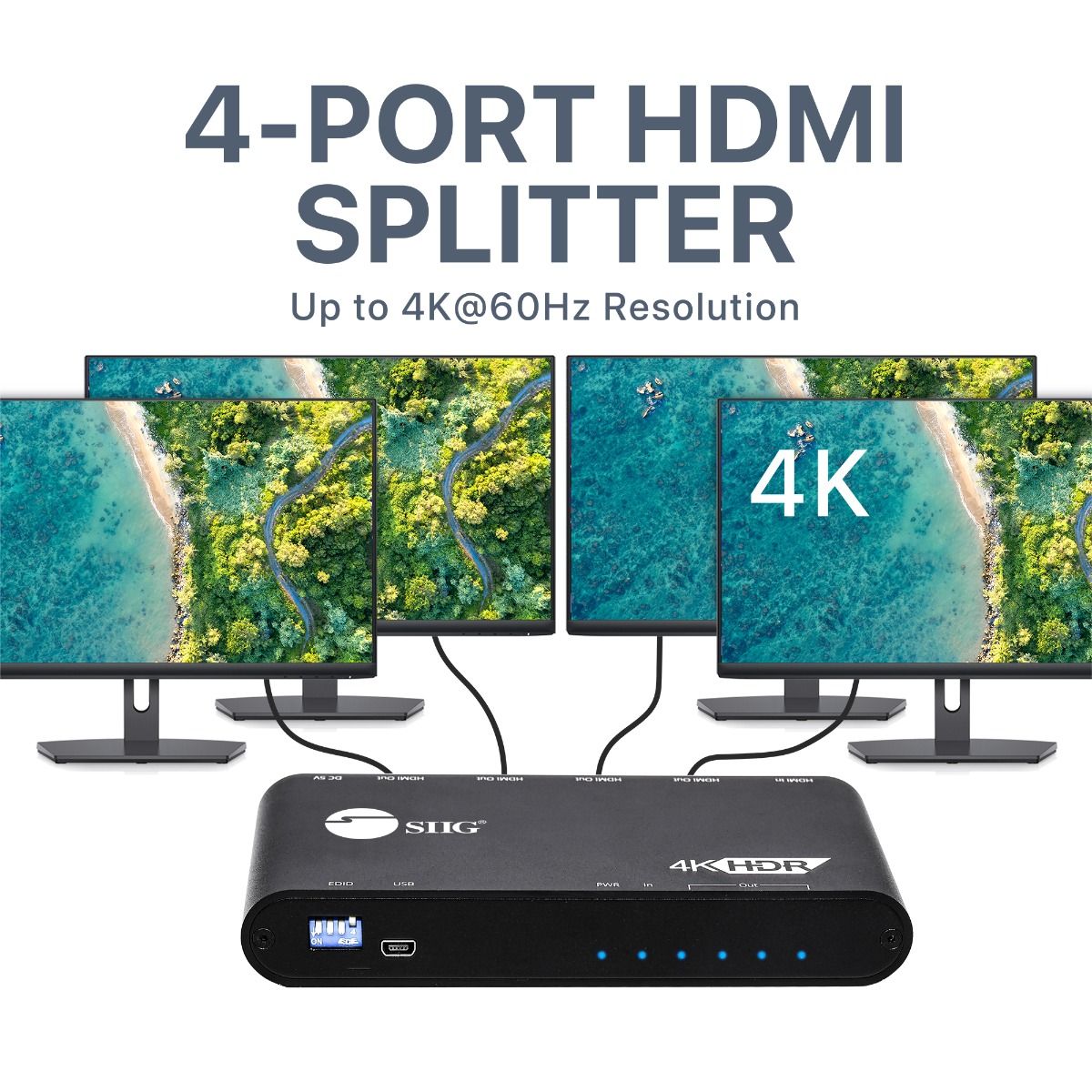 HDMI Splitter, 1x4, 4K60Hz, 18Gbps, EDID Management, Video Scaling
