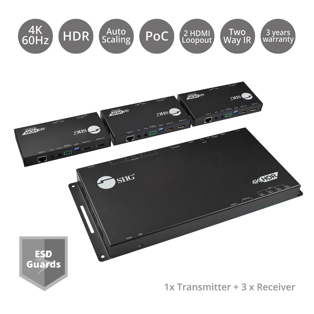 HDMI 4K HDR 1x4 Splitter HDBaseT Extender with Auto-scaling