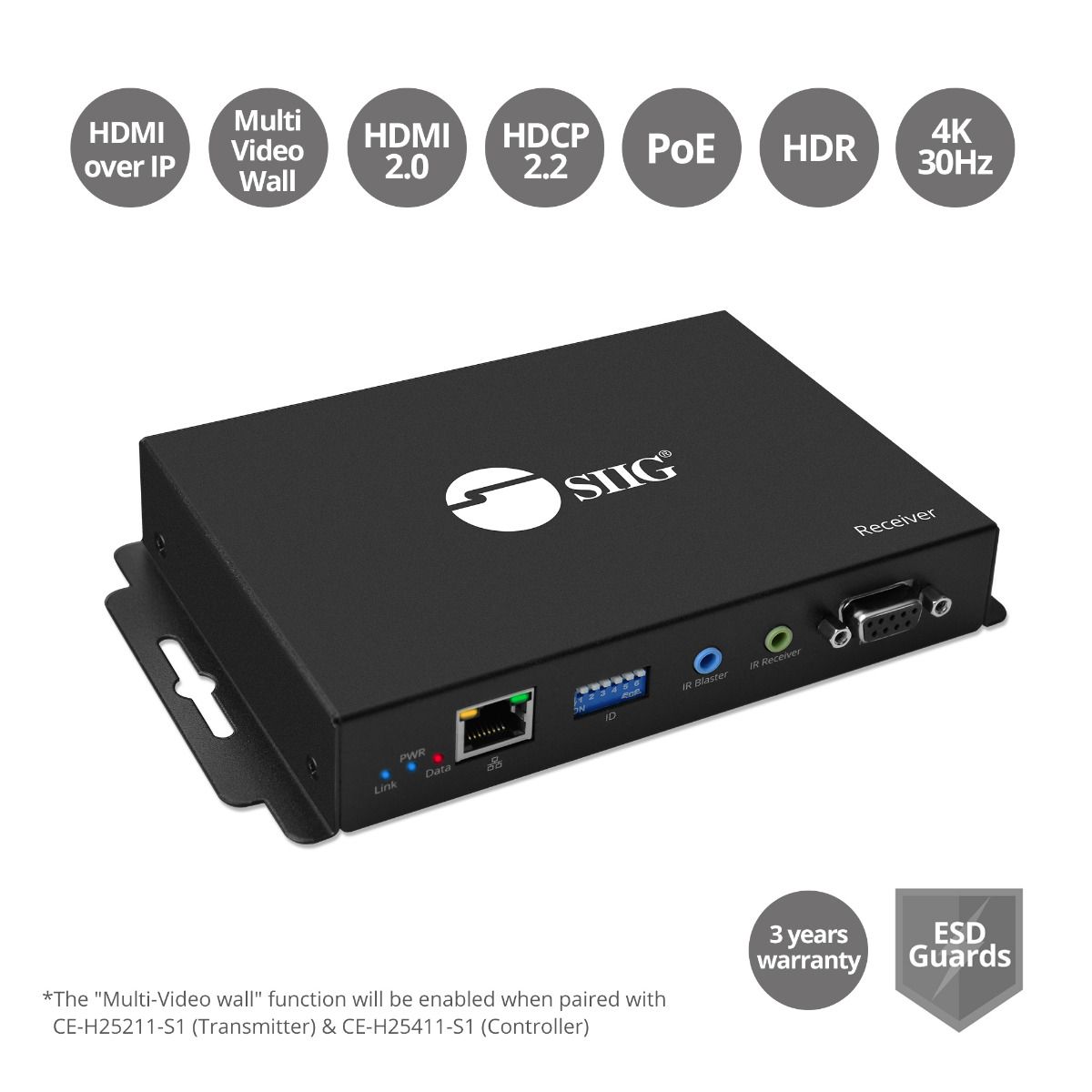 HDMI Over IP Extender with Video Wall, Many to Many, 4K30Hz, Serial & IR control, 120m - Decoder (RX) for CE-H25211-S1