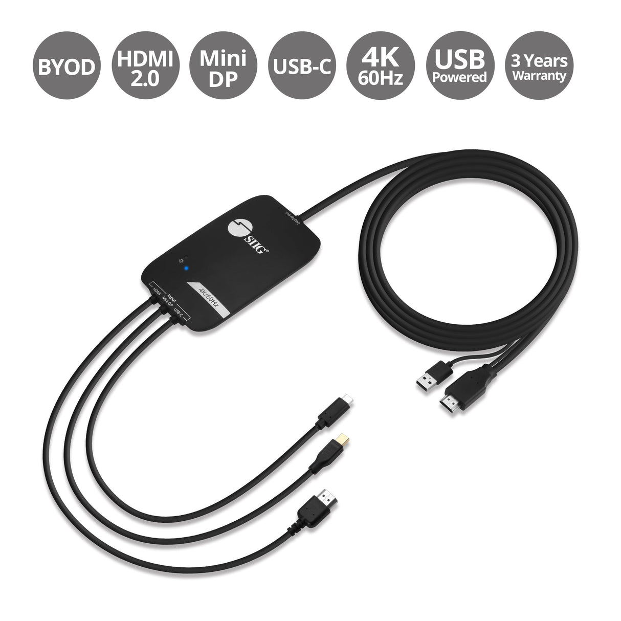 3x1 HDMI 4K Multi format Presentation Switcher - BYOD, 4K 60Hz, HDMI, Mini DisplayPort, or USB-C DP Alt signals