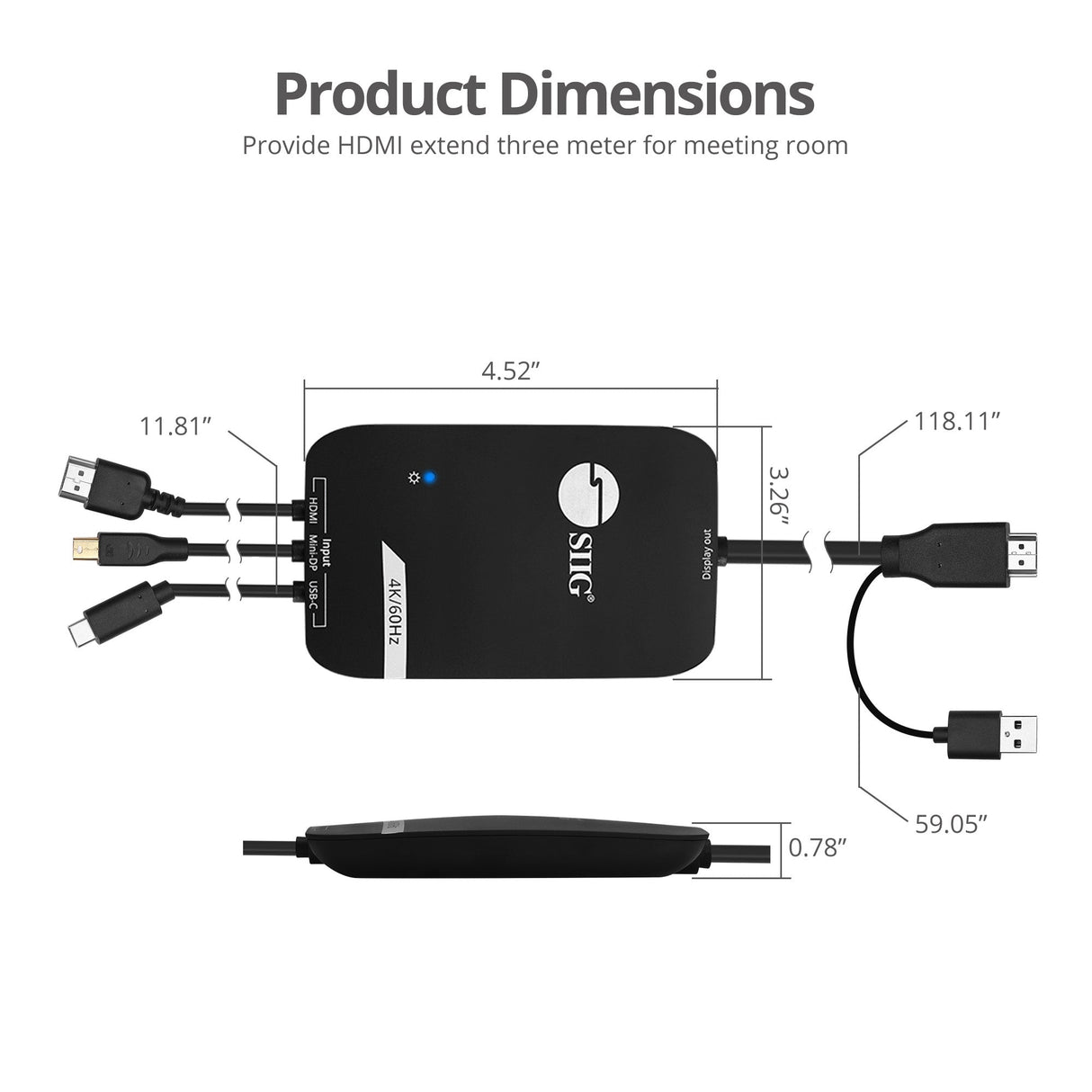 3x1 HDMI 4K Multi format Presentation Switcher - BYOD, 4K 60Hz, HDMI, Mini DisplayPort, or USB-C DP Alt signals