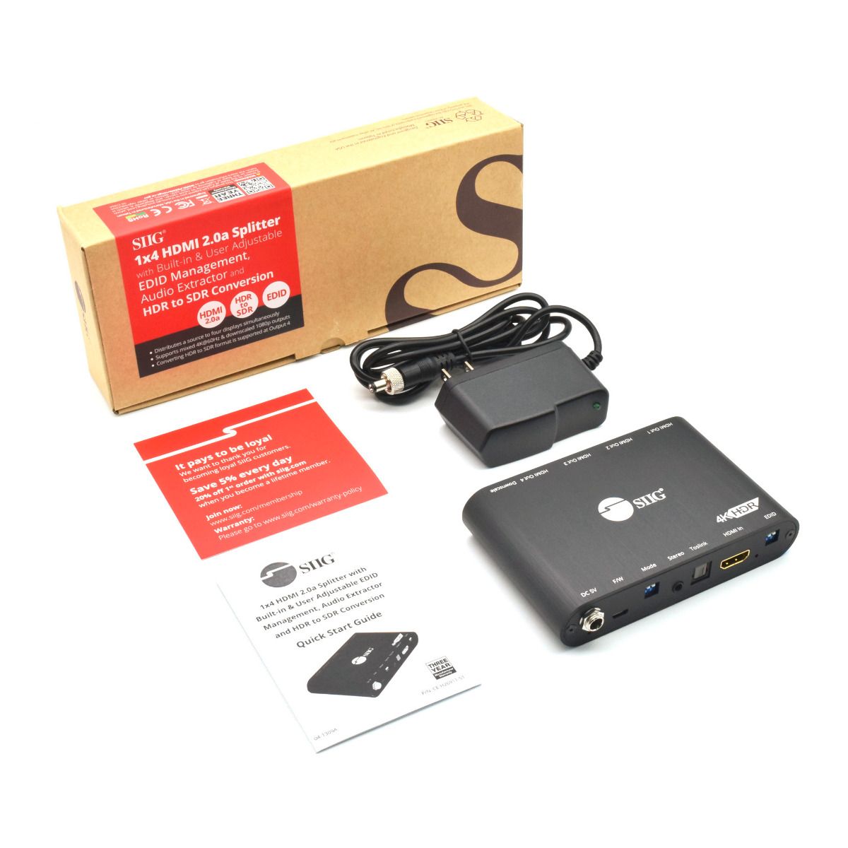 1x4 Splitter with Built-in & User Adjustable EDID Management, Audio Extractor and HDR to SDR Conversion