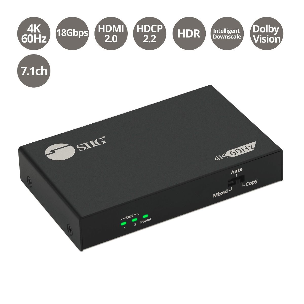 1 to 2, HDMI Splitter, 4K 60Hz, HDR, HDCP 2.2, EDID management