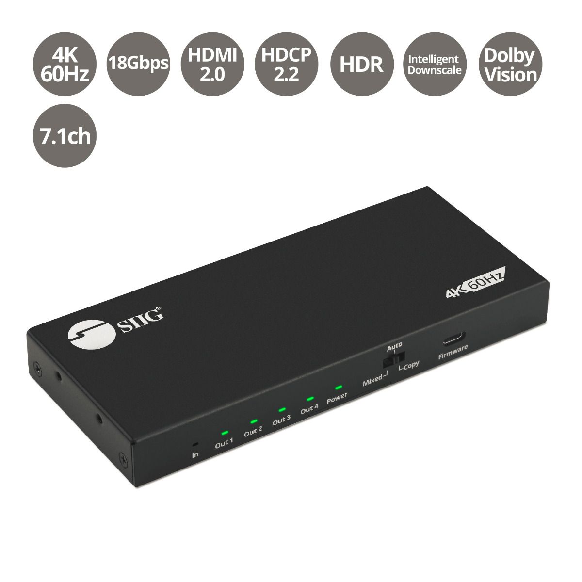4 Port HDMI HDR Splitter with EDID and Downscaling - 4K 60Hz HDR Auto Video Scaling