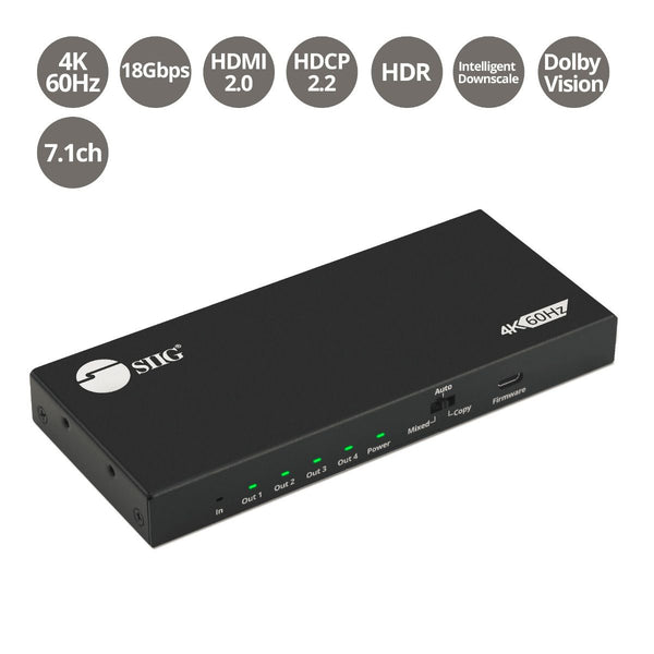 4-port Splitter, 4K60Hz, 18Gbps, HDMI 2.0, HDCP 2.2, 7.1ch, Auto