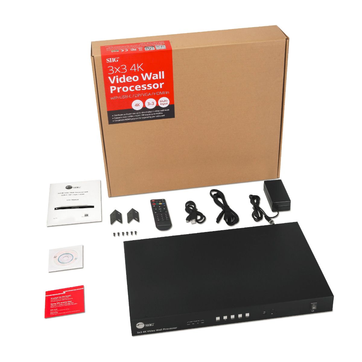3x3 4K Video Wall Processor with USB-C/DP/VGA/HDMI In, RS-232/IR Remote/Web GUI control, SPDIF/3.5mm Audio Extract, Cascading up to 10x10