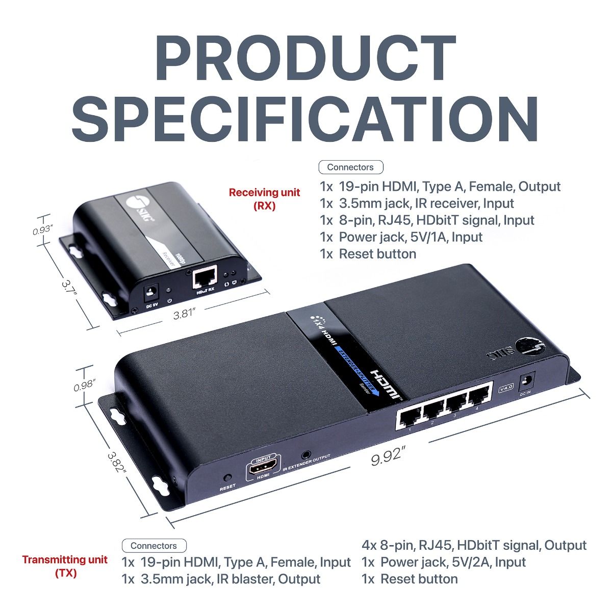 1x4 HDMI Splitter, Over IP Extender Kit, 1080p 60Hz, 120m