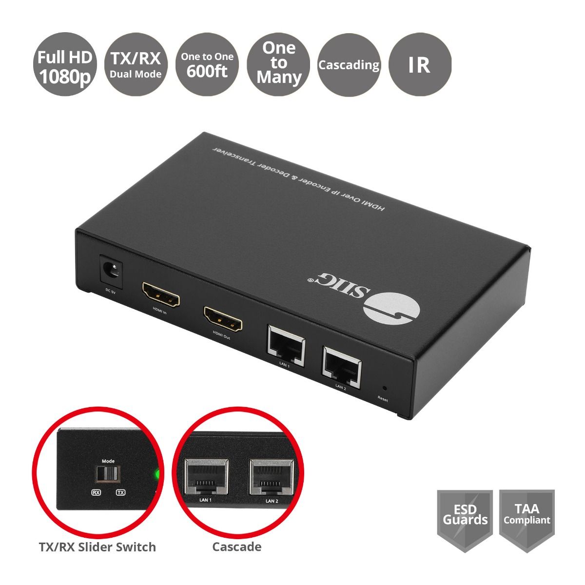 HDMI Over IP Encoder & Decoder Transceiver, TX/RX Mode Switching, Cascading, 1080p, One to One 600ft, One to Many, Many to Many via VLAN, 2x RJ45, TAA Compliant