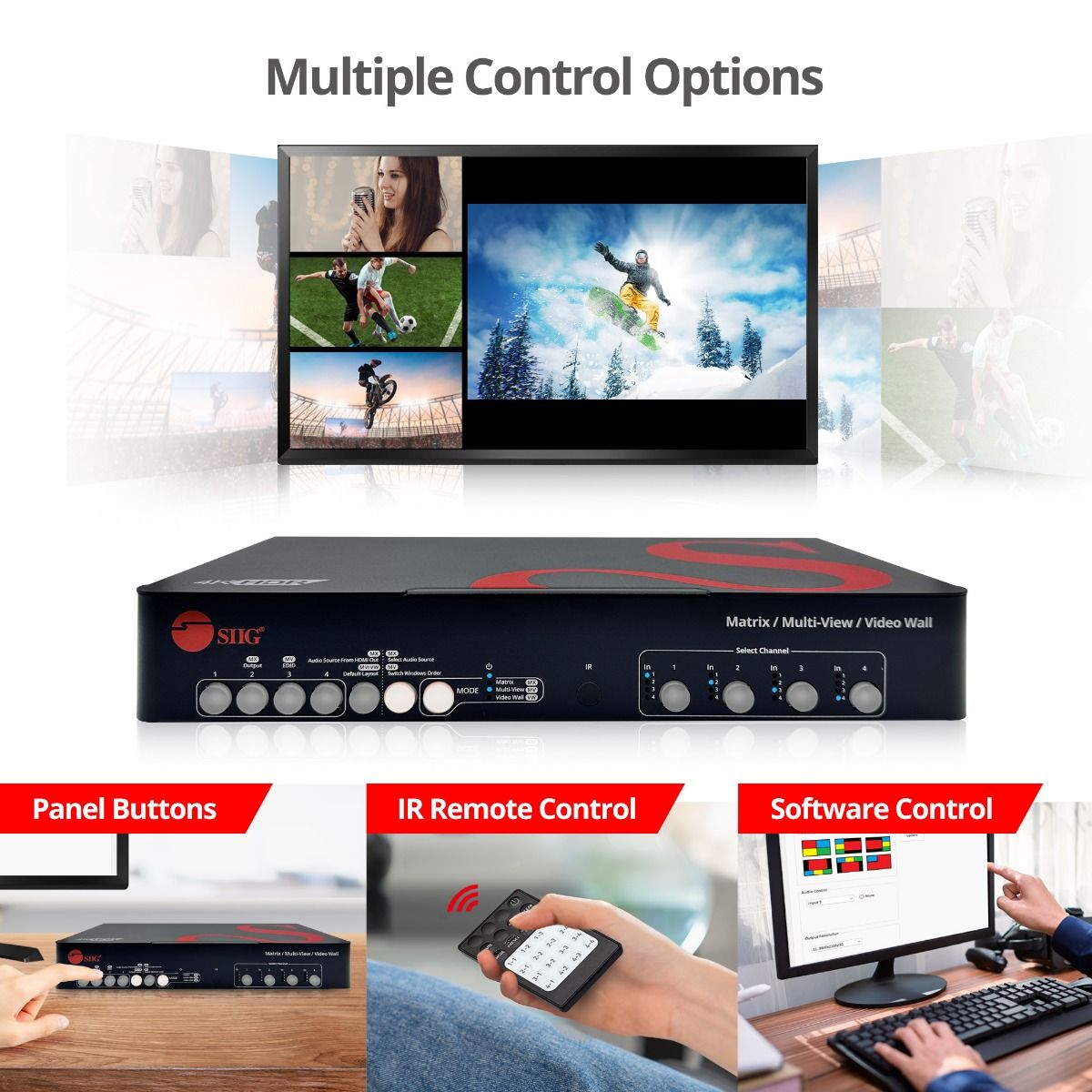 4x4 HDMI 4K60Hz Matrix with Quad-Viewer & Video Wall Controller, Seamless Switching, PIP, EDID Management, Push Buttons, IR Remote Control, Software Control, TAA Compliant