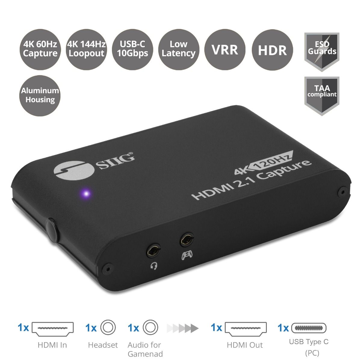 4K120Hz HDMI 2.1 Capture Device for Gaming and Streaming - 4K60Hz Capture - 4K 120Hz (Console) / 4K144Hz (PC) Loopout - USB-C 10Gbps - TAA Compliant