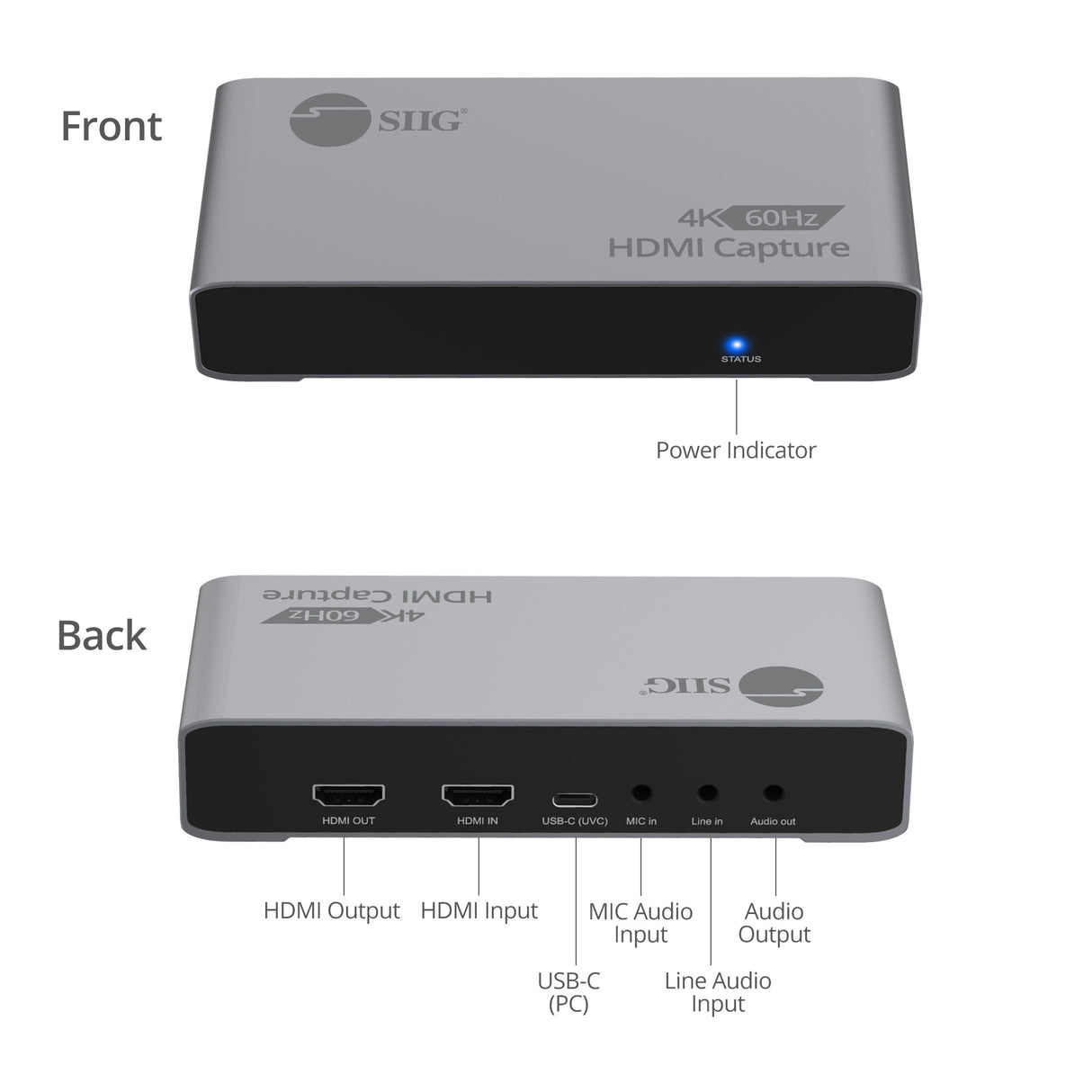 4K60Hz HDMI Video Capture Device with Loopout, USB-C 5Gbps Capture, Low Latency, Line/MIC Audio In, Plug & Play