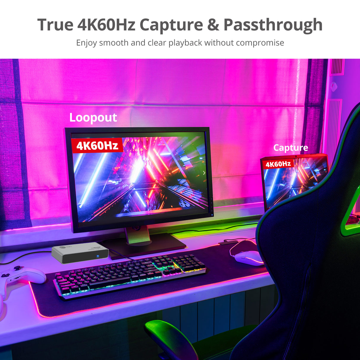 4K60Hz HDMI Video Capture Device with Loopout, USB-C 5Gbps Capture, Low Latency, Line/MIC Audio In, Plug & Play