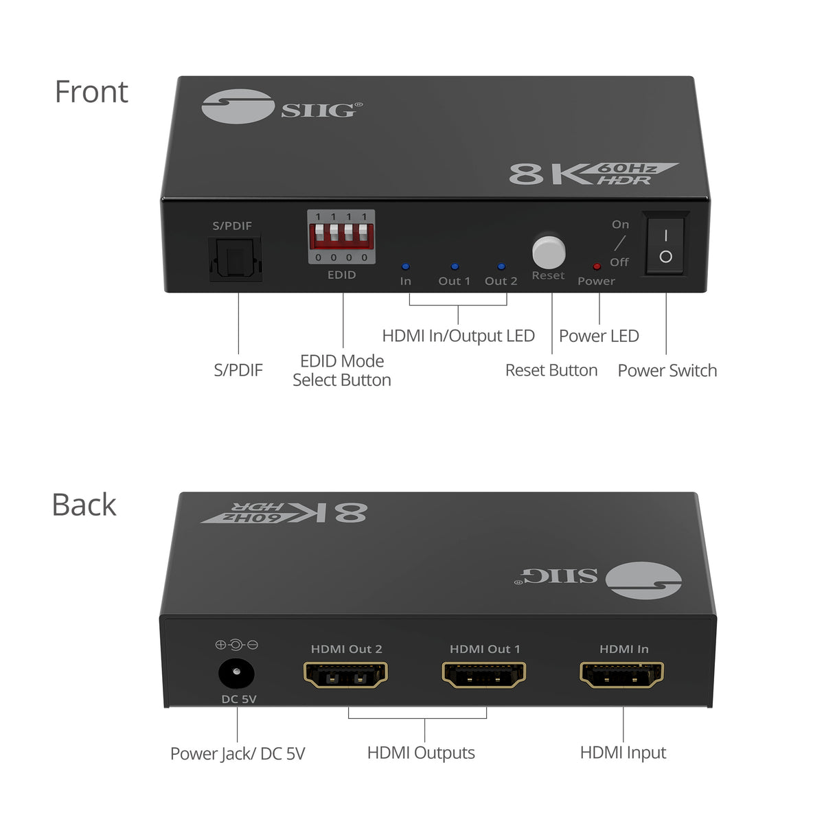 8K HDMI 2.1 Splitter 1 Input 2 Output, 8K60Hz 4K120Hz 48Gbps HDCP2.3, EDID Function, S/PDIF Audio Extractor, Metal Housing