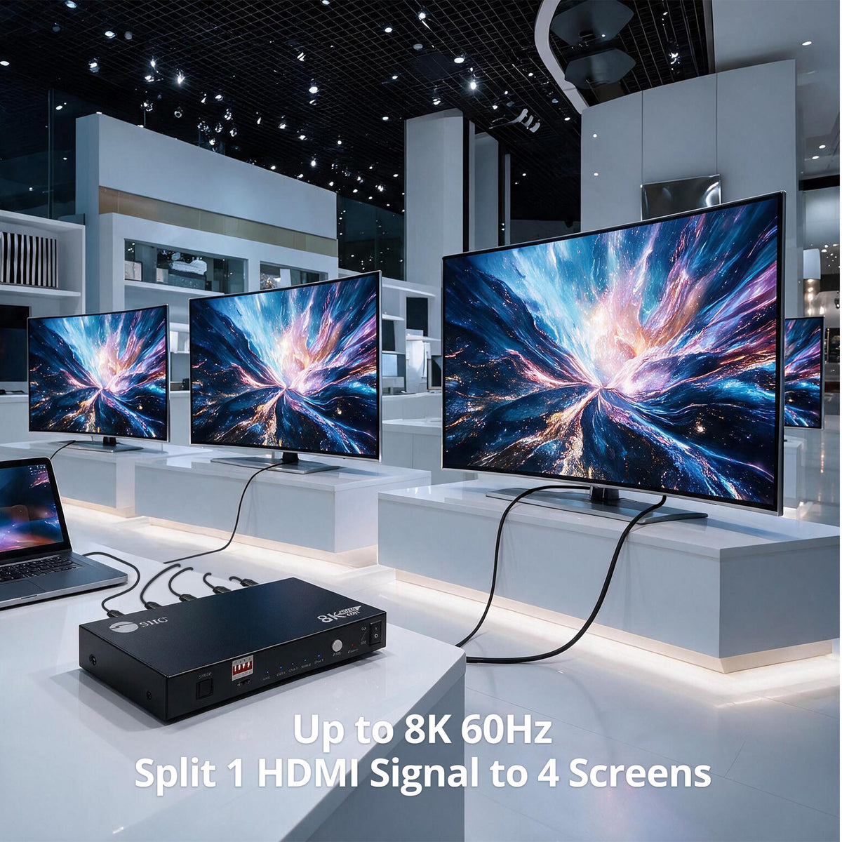 8K HDMI 2.1 Splitter 1 Input 4 Output, 8K60Hz 4K120Hz 48Gbps HDCP2.3, EDID Function, S/PDIF Audio Extractor, Metal Housing