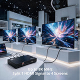 8K HDMI 2.1 Splitter 1 Input 4 Output, 8K60Hz 4K120Hz 48Gbps HDCP2.3, EDID Function, S/PDIF Audio Extractor, Metal Housing