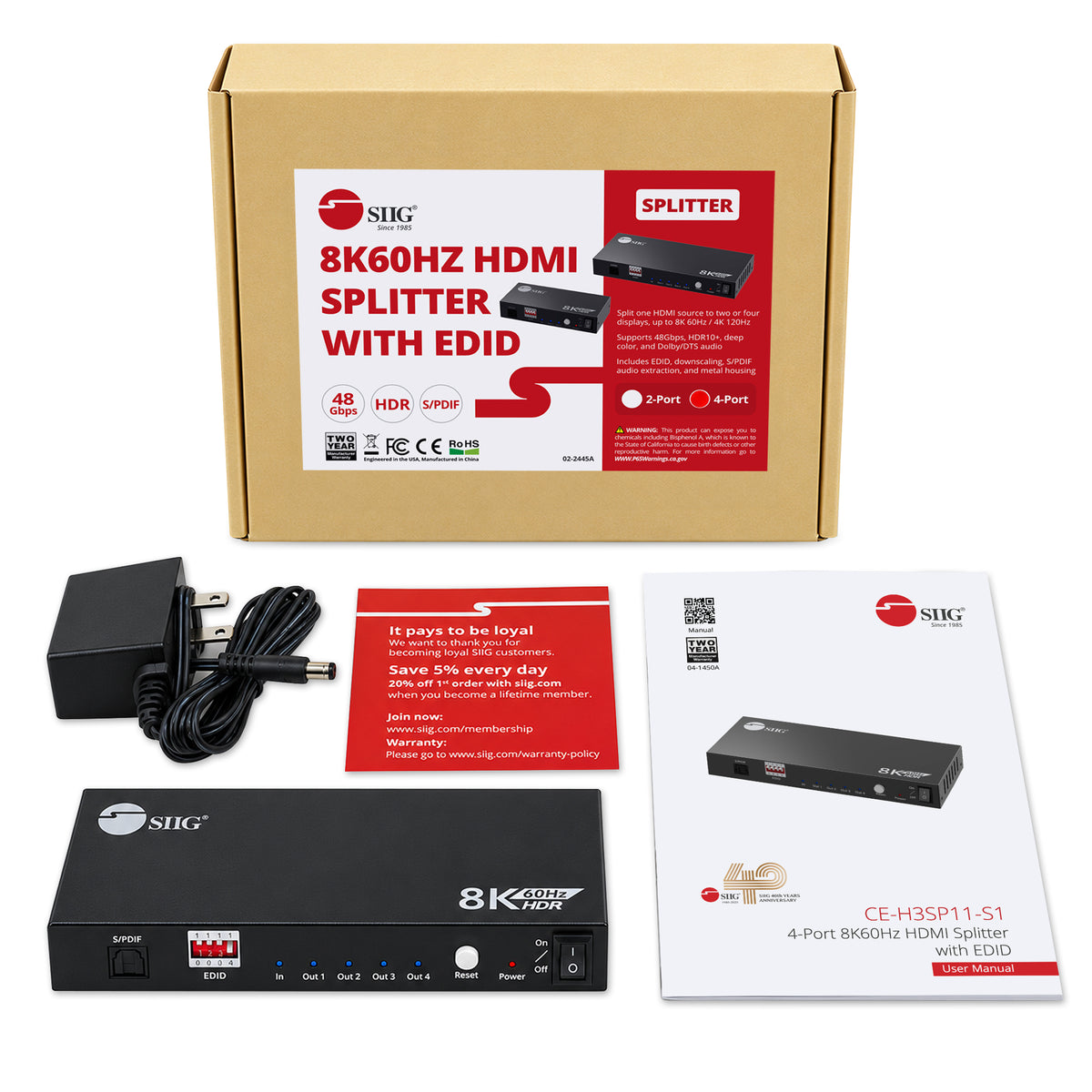 8K HDMI 2.1 Splitter 1 Input 4 Output, 8K60Hz 4K120Hz 48Gbps HDCP2.3, EDID Function, S/PDIF Audio Extractor, Metal Housing