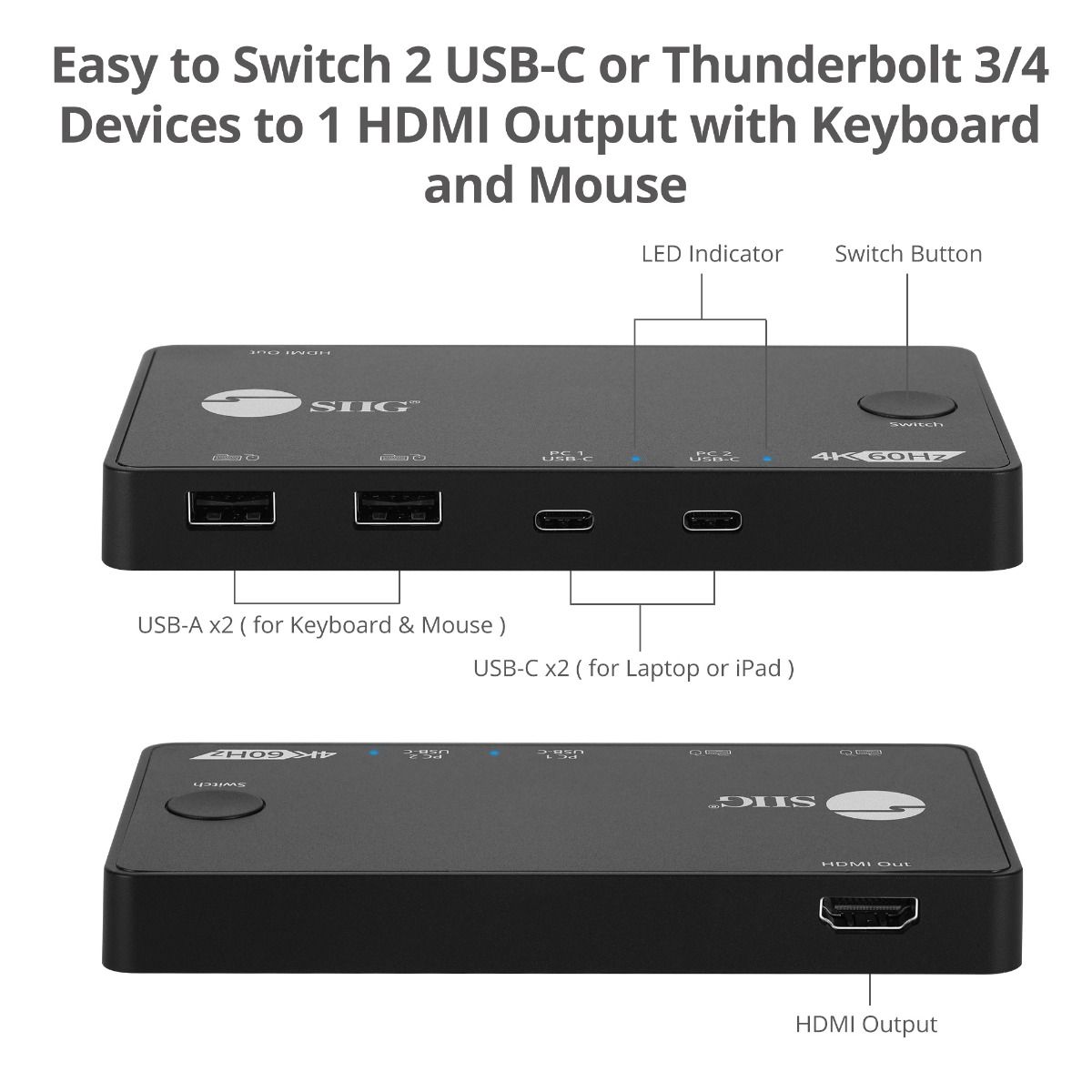 2x1 USB-C 4K60Hz Video KVM Switch, Mini and Portable KVM, USB-C bus powered, MacBook Pro, iPad Pro, USB-C DP Alt-mode Tablet, Windows & Mac USB-C Laptop
