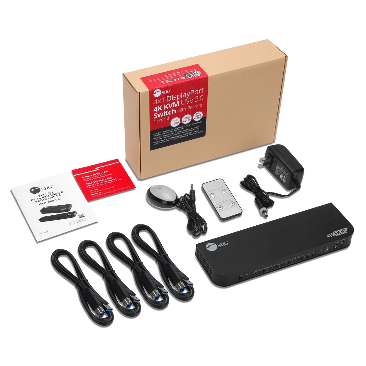 4x1 DisplayPort 4K KVM USB 3.0 Switch with Remote Control