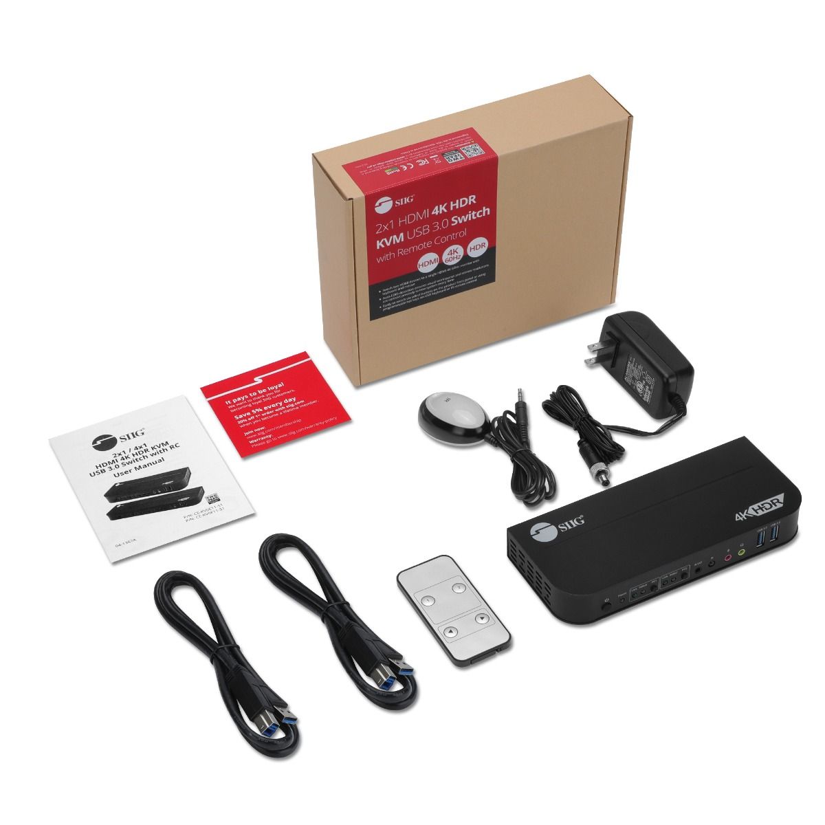 2x1 HDMI 4K HDR KVM USB 3.0 Switch with Remote Control