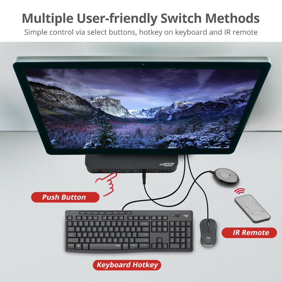 4x1 HDMI 4K HDR KVM USB 3.0 Switch with Remote Control