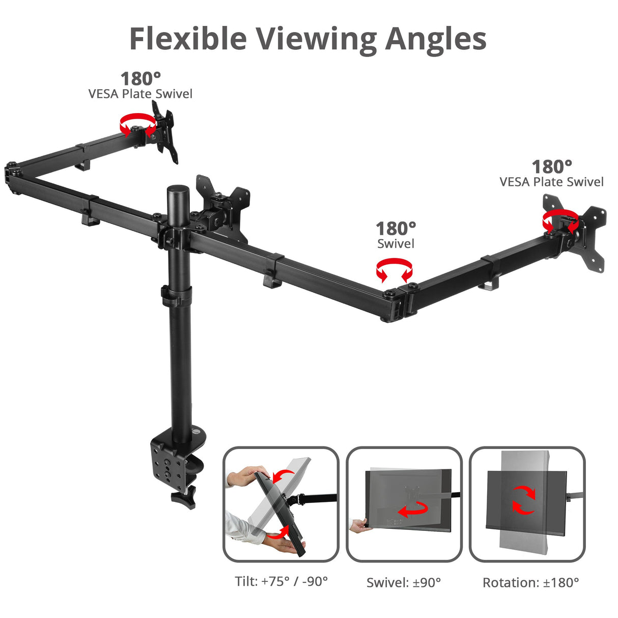Articulating Triple Monitor Desk Mount - 13" to 32", Max Load 17.6 lbs, VESA Plate 75x75mm,100x100mm
