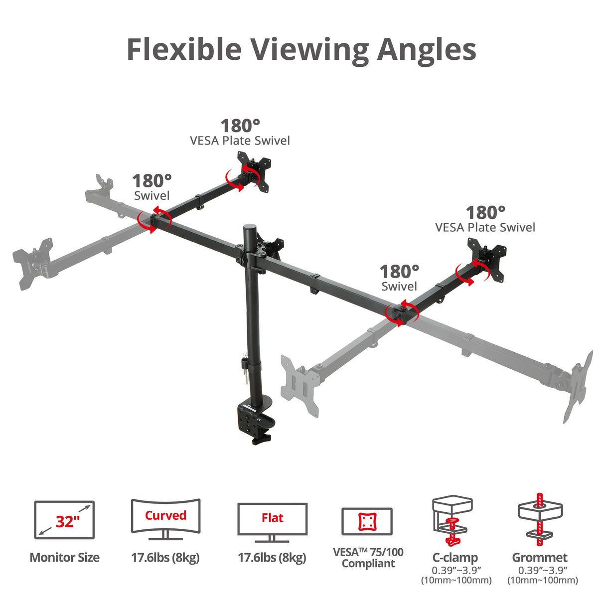 Triple 32" Articulating Monitor Arm Mount-Black, Up to 32", Max Load 17.6 lbs, VESA Plate 75x75mm,100x100mm