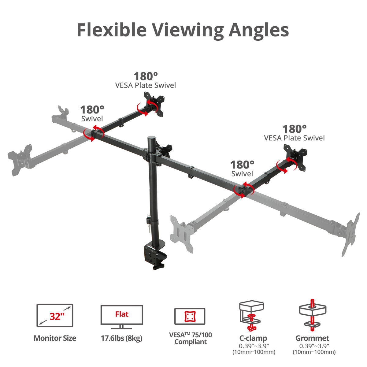 Triple 32" Articulating Monitor Arm Mount-Black, Up to 32", Max Load 17.6 lbs, VESA Plate 75x75mm,100x100mm